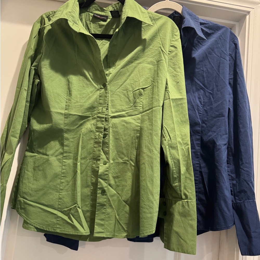 New York & Company Green Button-Up Blouse (with Navy Shirt)